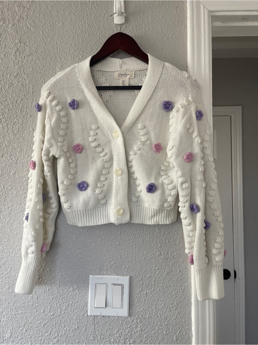 Jessica Simpson White Floral Bobble Knit Cropped Cardigan Sweater Size Small - Picture 1 of 9